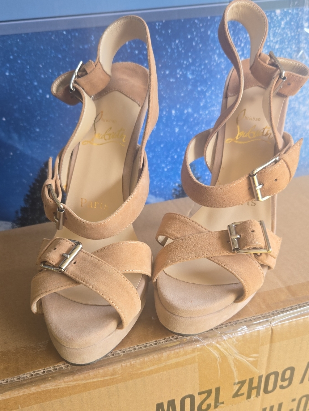 Christian Louboutin Tan Suede Platform Buckle Sandals